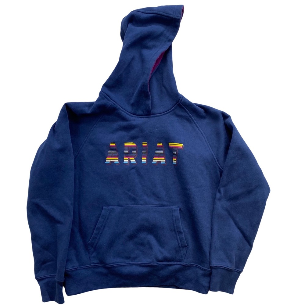 Ariat Real‎ Hoodie Girls Size M 10 Navy Blue Striped Logo Pullover 10032805